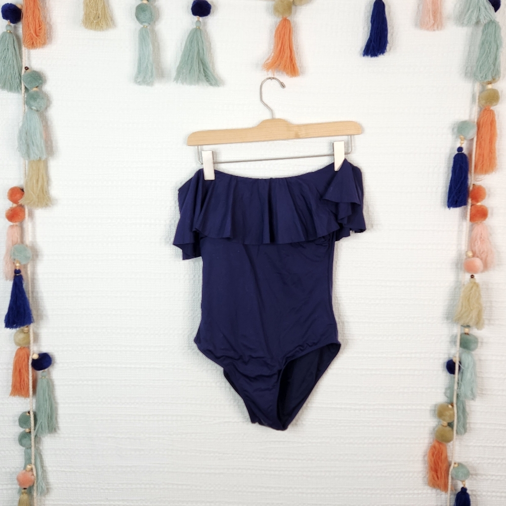 Off-Shoulder Ruffle One-Piece Swimsuit - Navy - Picture 2 of 4
